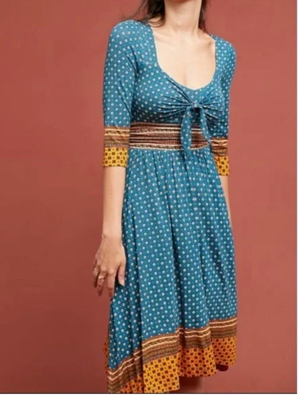 Maeve Anthropologie Teal Boho Tie Front Midi Dress Geometric Border Print XS